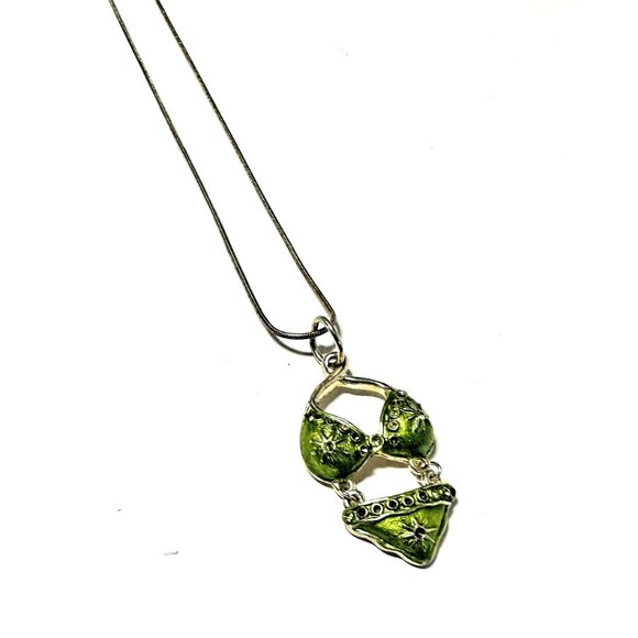 Vintage Fun Lime Green Bikini Necklace and Earrings Set Silver-tone Metal Beach - Picture 11 of 11